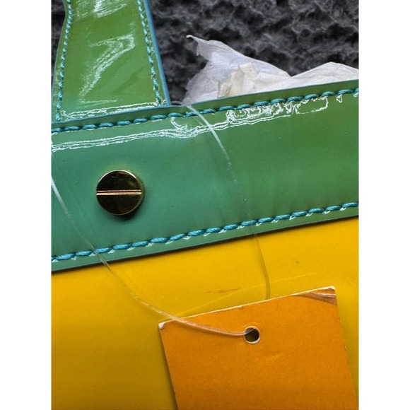 NWD Tory Burch Patent Leather Contrast T-Tote Bag Yellow Turquoise One Size - Picture 9 of 15